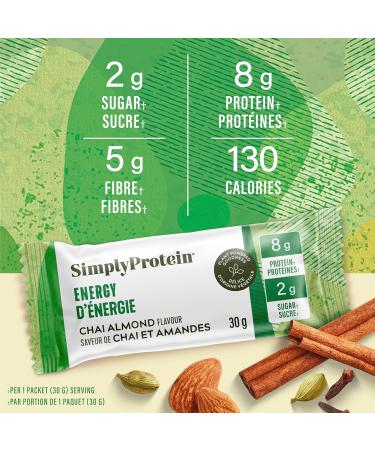 Simply Protein - Chai Almond Energy Bites 12 Bars - Plant Based Caffeinated Squares - 55mg Caffeine - Natural Energy Boost - 8g Protein 2g Sugar 5g Fibre 130 Calories - Vegan Gluten Free Non GMO Chai Almond 360 g (Pack of 1) - Buy Online on GoSupps.com