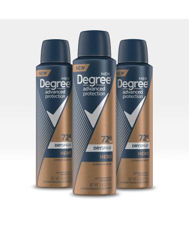 Degree Antiperspirant Deodorant Dry Spray 72 Hour Sweat and Odor Protection Hero Men's Deodorant Spray for Excessive Armpit Sweat 3.8 oz Pack of 3 Citrus and Spices 3.80 Ounce (Pack of 3)