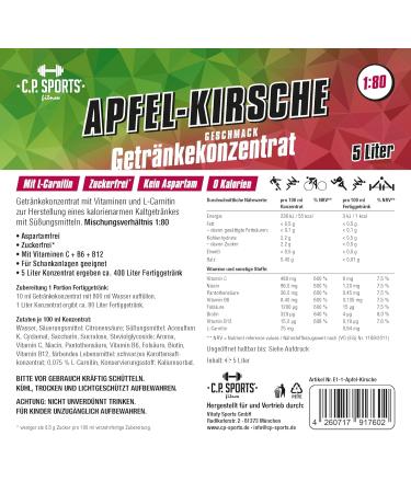 C.P.Sports Sugar-Free Beverage Syrup - Apple Cherry 5L Concentrate with Vitamins for Sports Drinks | Includes Pump Dispenser - Buy Online on GoSupps.com