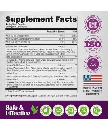 Menopause Supplements for Women - Dong Quai Black Cohosh Pre & Probiotics - Sweats & Hot Flashes Relief - Digestion Sleep & Mood Support - 25-in-1 Perimenopause Complex - Made in USA - 60 Capsules 60 Count (Pack of 1) - Buy Online on GoSupps.com