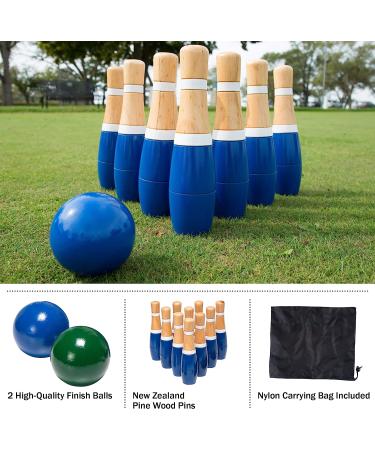 Hey! Play! Backyard Lawn Bowling Game - 10 Wooden Pins, 2 Balls, Mesh Carrying Bag - Indoor & Outdoor Family Fun for Kids & Adults (8-Inch) Blue & White - Buy Online on GoSupps.com