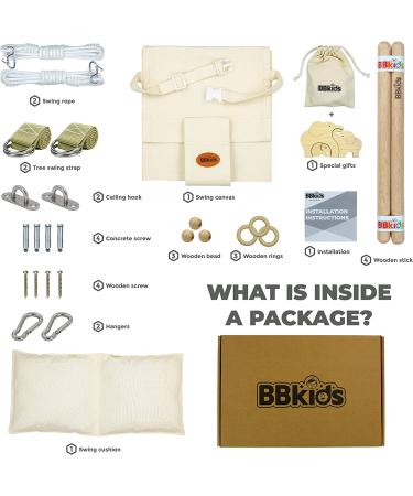 BBkids Canvas Baby Swing with Safety Belt - Indoor/Outdoor Wooden Hammock Hanging Seat Chair for Kids, Cream - Buy Online on GoSupps.com