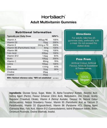 Horbaach Multivitamin Gummies for Adults | 60 Count | 14 Essential Nutrients with Vitamin A B12 C D & Zinc | Natural Strawberry Flavour - Buy Online on GoSupps.com