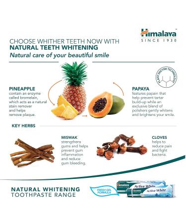 Himalaya Active White Gel Toothpaste | Herbal Teeth Whitening with Fruit Enzymes | 100% Vegetarian | 75 ml - Buy Online on GoSupps.com