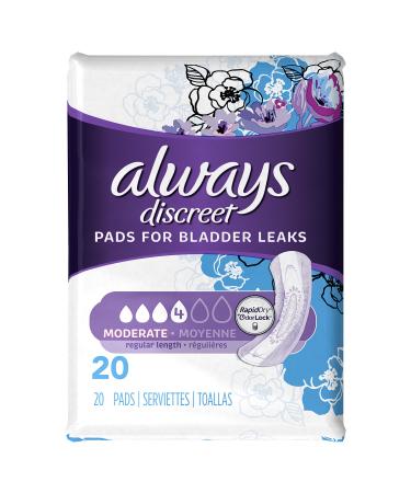 Always Discreet, Incontinence Pads, Moderate, Regular Length, 20 Count Size - 1 Pack 20 Count (Pack of 1)