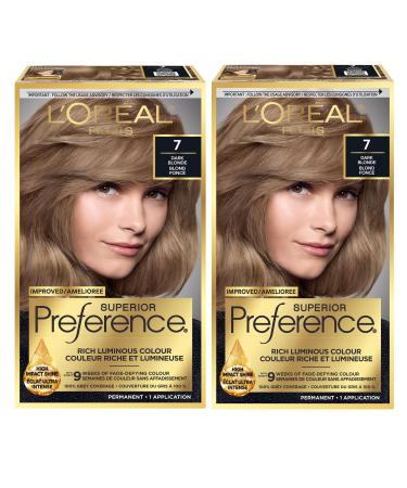 L'Oreal Paris Superior Preference Hair Dye Hair Color for Women 7 Dark Blonde Hair Dye Permanent Hair Color 100% Grey Coverage 9 weeks of Luminous Fade-Defying 1 Hair Dye Kit (Pack of 2) (Packaging May Vary) Dark Blonde Blonde