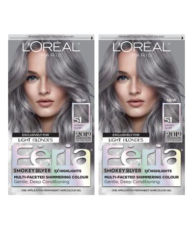L'Oreal Paris Feria Multi-Faceted Shimmering Permanent Hair Color, Smokey Silver, Pack of 2, Hair Dye SILVER & PINKS S1 Smokey Silver 2 Count (Pack of 1)