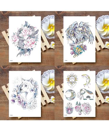 Oottati Fairy Tales Animal Temporary Tattoo Kit - Pink Unicorn Swan Deer Elf Wolf Owl Eagle Elephant Sun Flower Arm - 12 Sheets - Buy Online on GoSupps.com