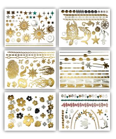 Terra Tattoos Tropical Hawaiian Metallic Tattoos - 75 Gold Silver Temporary Tattoos Turtles  Dolphins  Stars  Sun  Moon  Starfish  Seahorse  Coral  Palm Trees  Hibiscuses  Puka Shells & more! - Buy Online on GoSupps.com
