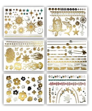 Terra Tattoos Tropical Hawaiian Metallic Tattoos - 75 Gold Silver Temporary Tattoos Turtles  Dolphins  Stars  Sun  Moon  Starfish  Seahorse  Coral  Palm Trees  Hibiscuses  Puka Shells & more!