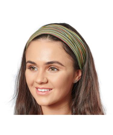 Antonia York Bandanas for Women Striped Cotton Nepalese Hair Band Elasticated Back Headband Green Cotton