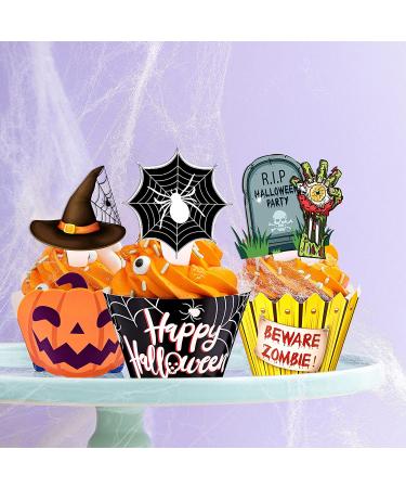 164PCS Halloween Cupcake Toppers Wrappers - Spider Web Pumpkin Zombie Hand Cake Party Decorations Supplies - Buy Online on GoSupps.com