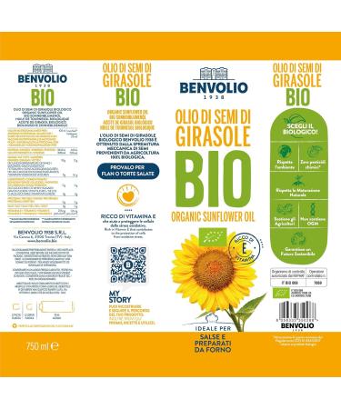 Buy Organic Sunflower Oil Bio - Benvolio 1938 (750ml) | Rich in Vitamin E - Ideal for Frying & Cooking | Premium Quality Metal Bottle - Buy Online on GoSupps.com