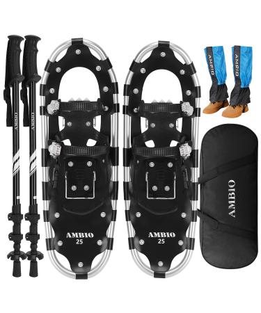 AMBIO Lightweight Snowshoes for Men Women Youth Kids, Aluminum Alloy Terrain Snow Shoes with Leg Gaiters and Carrying Tote Bag 25" (120 - 200 lbs) Black (snowshoes+pole+gaiter)