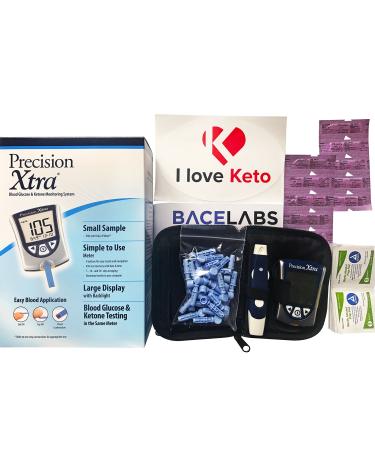 Precision Xtra Blood Glucose and Ketone Monitoring Meter Kit Bundle+10 Precision Xtra Ketone Test Strips+One Month Abbott Freestyle 28 Gauge Lancets+dynarex Alcohol Wipes+I Love Keto Sticker