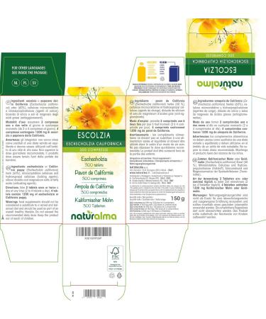 California Poppy (Eschscholzia californica) herb Naturalma - 150 g - 300 tablets - Food supplement - Natural and Vegan - Buy Online on GoSupps.com
