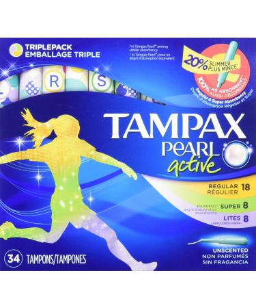 Tampax Pearl Active Tampons with Plastic Applicator Triple Pack Light/Regular/Super Absorbency Unscented 34 Count