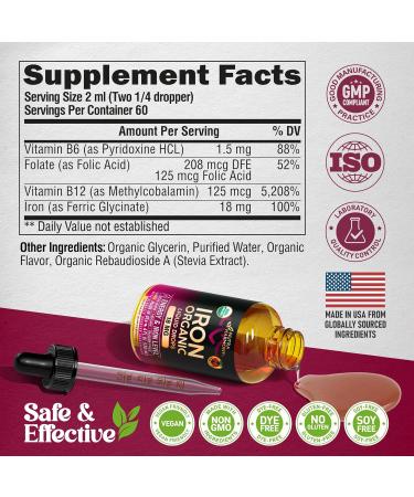 Liquid Iron Supplement for Women 18 mg - USDA Organic Drops USA-Made - with Folate Vitamin B12 & B6 - Iron Level & Energy - Gentle & High Absorption Glycinate Form - Cherry Flavor Sugar-Free 4 oz 4 Fl Oz (Pack of 1) - Buy Online on GoSupps.com
