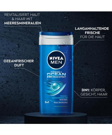 Nivea Men Fresh Ocean Shower Gel - Revitalizing 250ml Sea Minerals for Body Face & Hair Ocean-Fresh Fragrance - Buy Online on GoSupps.com