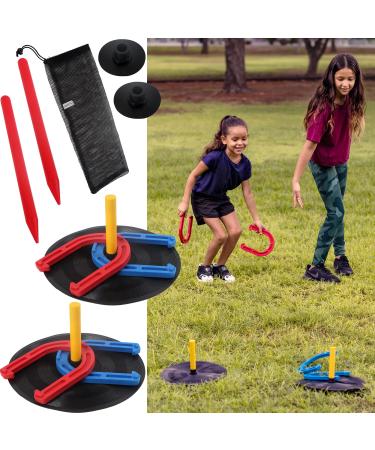 FIELDAY 10 PCS Rubber Horseshoes Yard Game Set, Includes 4 Horseshoes, 4 Stakes and 2 Rubber Mats, Outdoor and Indoor Games for Kids, Classic Outdoor Game for Beach, Backyard, Camping