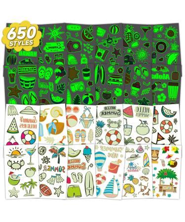 EMOME 650+ Styles Glow Hawaiian Luau Tropical Themed Temporary Tattoos for Kids Summer Beach Pool Party Supplies Favors Decorations Waterproof Fake Tattoo Stickers for Girls Boys(56 Sheets)