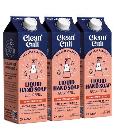 Cleancult Liquid Hand Soap Refills (32oz 3 Pack) - Hand Soap that Nourishes & Moisturizes - Liquid Soap Free of Harsh Chemicals - Paper Based Eco Refill Uses 90% Less Plastic - Grapefruit Basil Grapefruit Basil 32 Fl O...