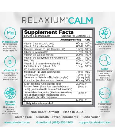 Relaxium Calm - All Natural Stress & Mood Support Supplement with Ashwagandha, 5-HTP, GABA - 60 Vegan Capsules - Buy Online on GoSupps.com