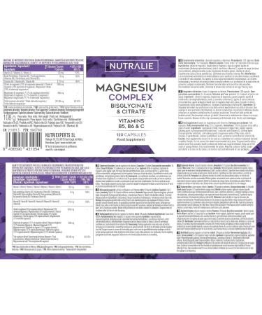 Magnesium Bisglycinate + Citrate - 2145mg - Vitamin B6 B5 C - Fatigue Stress - Magnesium BIO-Available - Magnesium Citrate and Magnesium Bisglycinate - 120 Capsules - Nutralia (Taste Free) - Buy Online on GoSupps.com