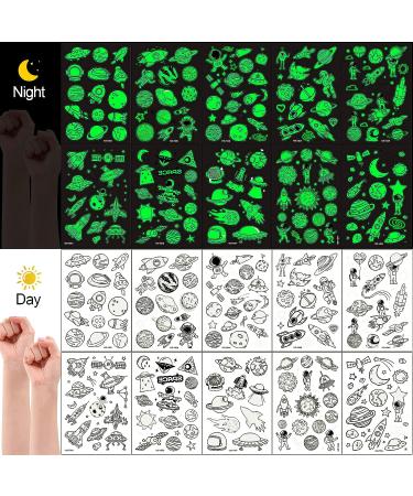 Konsait 140pcs Glow in The Dark Space Temporary Tattoos - Solar System Universe Outer Space UFO Designs for Kids, Birthday Party Favor - Buy Online on GoSupps.com