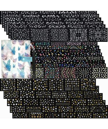 102 Sheets Nail Art Stickers & Storage Book 5200 Pieces 3D Self-Adhesive White Floral Nail Stickers with Rhinestones Designs Multicolor Laser Gold Nail Decals for Women Girls DIY Manicure Decorations 102 Sheets Nail Stickers&storage Book Set