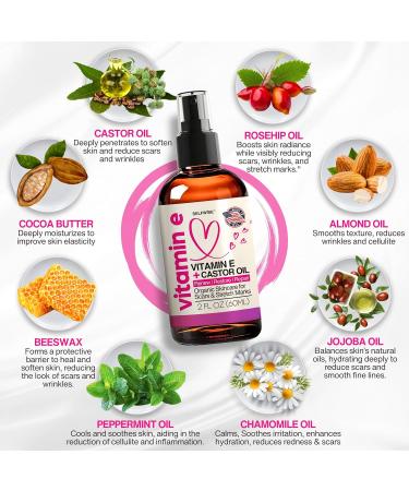 Organic Vitamin E Oil for Scars Stretch Marks Wrinkles & Cellulite - Natural Hydrating Skincare with Castor Rosehip & Jojoba - Face & Body Treatment - Buy Online on GoSupps.com