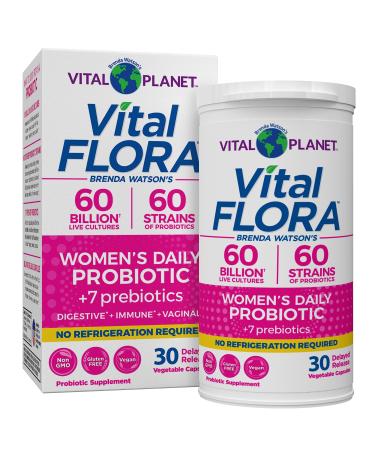 Vital Planet - Vital Flora Probiotics for Women 60 Billion CFU Diverse Strains Daily Shelf Stable Probiotic with Organic Prebiotics for Vaginal Support Immune and Digestive Health 30 Capsules 30 Count (Pack of 1)