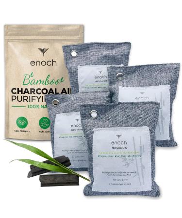 Enoch Bamboo Charcoal Air Purifying Bags (4 Packs) Activated Odor Moisture Absorber, Natural Air Freshener. Air Deodorizer Dehumidifier Bags for Homes, Cars, Shoes, Fridges, Closets (4x200g)