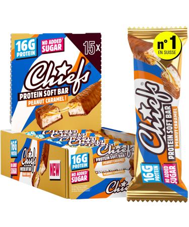 CHIEFS Barre Prot in e Soft - 16g Haute Prot ine Sans Sucre Ajout Sans Huile de Palme Soft Bar Peanut Caramel - 15 x 55g