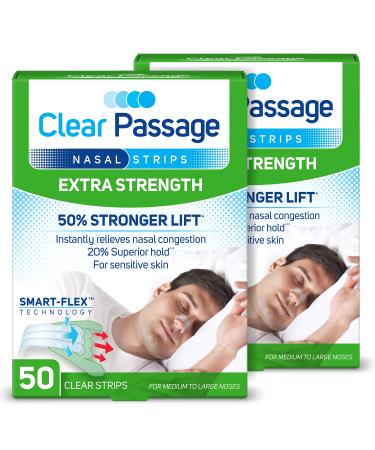 Clear Passage Nasal Strips Extra Strength, Clear, 100 ct | Works Instantly to Improve Sleep, Reduce Snoring, & Relieve Nasal Congestion Due to Colds & Allergies 50 Count (Pack of 2)