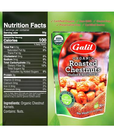 Galil Organic Roasted Chestnuts Pack of 2 - Shelled & Ready to Eat - Gluten Free Vegan Non-GMO Snacks - Ideal for Baking & Cooking - 3.5oz Bags - Buy Online on GoSupps.com