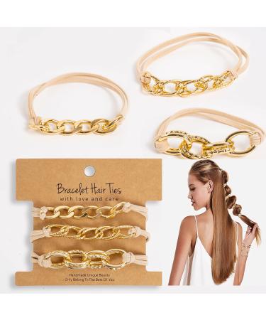 Gold Bracelet Hair Ties With Gold Elastics Hair Ties- 3 PCS Gold Hair Tie Bracelet  Bracelet Hair Ties for Women  Cute Hair Ties Looks Awesome On Your Wrist and Hairs -Hair Tie Bracelets that Holds Thick Thin Hairs- Vale...