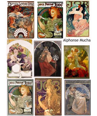 Vintage Printed Alphonse Mucha Reproduction Cards Collage Sheet #106 Scrapbooking, Decoupage, Labels