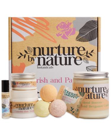 Pamper Gift Basket for Women | RELAX & PAMPER | Bath Set from Nurture by Nature | Hair Mask, Bath Bombs Set, Body scrub, Body Butter, Lavender Roll On, Candle | Birthday Gift | Mothers Day Gift