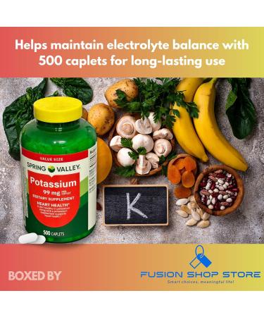Potassium 99mg Caplets- Supports Muscle Function & Energy 500 Count (Pack of 1) Boxed by Fusion Shop Store - Buy Online on GoSupps.com