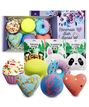 Bath Bombs 9 Piece Set: 6 Natural Handmade Bath Bombs (Shea Butter) & 3 Face Sheet Mask Gift Set for Women & Kids Birthday s Valentine s Easter Mother s Day Christmas Anniversary Just Because