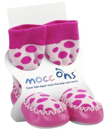 Mocc Ons moccasin washable leather sole slipper socks (24-36 Months Pink Spot) 2-3 Years Pink Spot