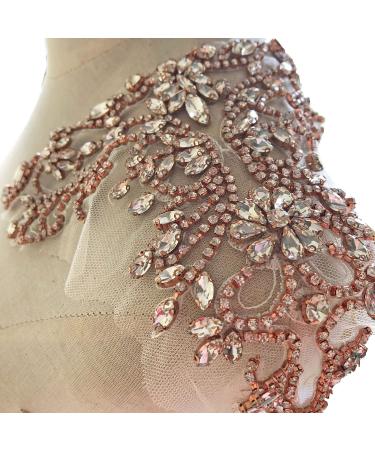 Sparkle Rhinestone Applique Wedding Dress Accessories Beaded Patch V-Neck Crystal Neckline Rose Gold Color