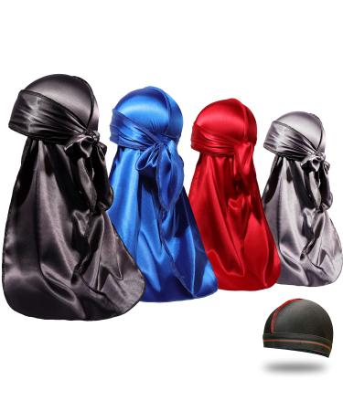 4PCS Silky Durags for Men Women 360 Waves with 1 Wave Cap  Silky Satin Durag Extra Long Tails Black Blue Gray Red