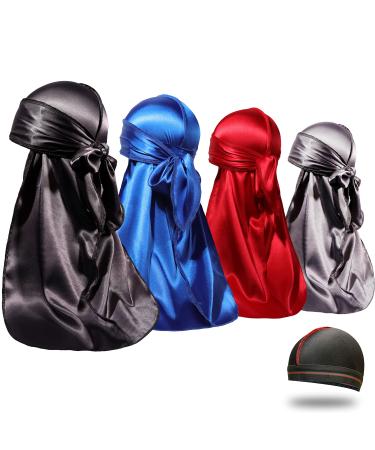 4PCS Silky Durags for Men Women 360 Waves with 1 Wave Cap  Silky Satin Durag Extra Long Tails Black Blue Gray Red - Buy Online on GoSupps.com
