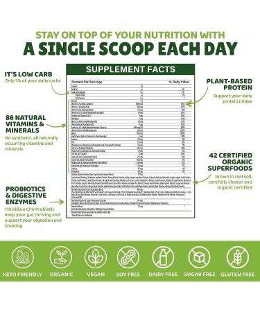 SHOUTGRIIN Organic Green Juice Superfood Powder - Fruit & Veggie Smoothie Drink - Natural Fiber Supplement for Energy, Immunity & Digestion - 9.5 oz - Buy Online on GoSupps.com