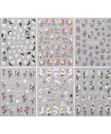 JMEOWIO 6 Sheets 3D Embossed Spring Flower Nail Art Stickers Decals Self-Adhesive 5D Colorful Summer Floral Tulips Nail Supplies Nail Art Design Decoration Accessories - Buy Online on GoSupps.com