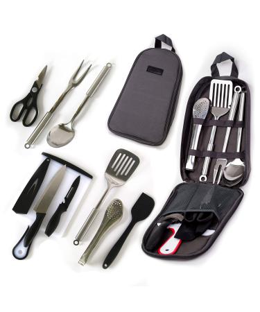 Camp Cooking Utensil Set & Outdoor Kitchen Gear-10 Piece Cookware Kit, Portable Compact Carry Case -for Camping, Hiking, RV, Travel, BBQ, Grilling-Stainless Steel Accessories- Fork, Spoon, Knife, etc Gray 10