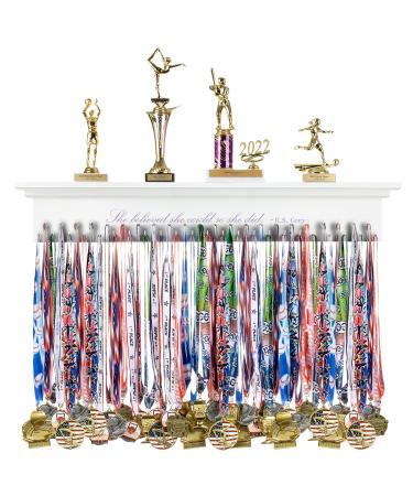 Medal Hanger & Trophy Shelf & Ribbon Holder for Girls - 3FT Simple Design Rack with Strong Hooks - Displaying Awards from Sports., White