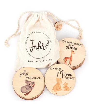 Wood milestone cards Baby printed with colored animals - 30 milestones on fine wooden slices as a gift for birth/to the baby party for pregnant expectant mothers parents. - Buy Online on GoSupps.com